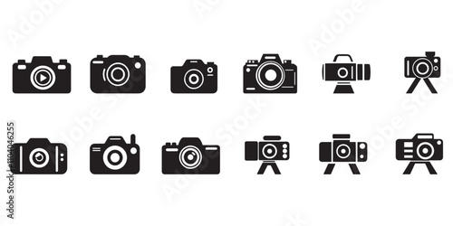 Camera icon set . Black camera icon on white background.