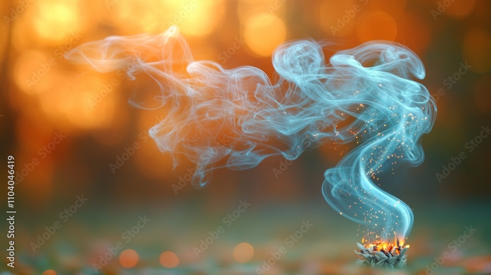 Obraz premium Abstract ethereal blue smoke rising from a burning object, set against a blurred sunset background.