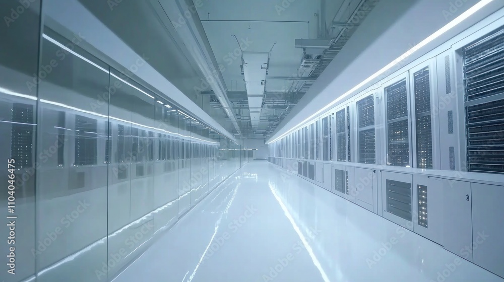 Obraz premium Modern, bright server room with rows of pristine data storage units.