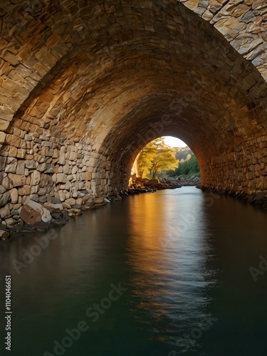 A stone tunnel with water and golden light at the end.