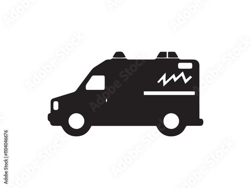 A black and white silhouette of a ambulance icon. Black ambulance icon on white background.