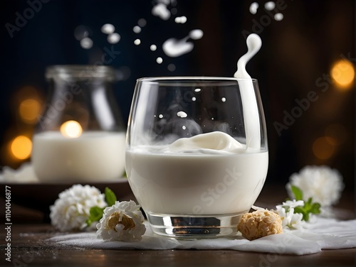 A Refreshing Glass of Creamy Milk Splash Accompanied by Delicious Cookies for Enjoyment photo