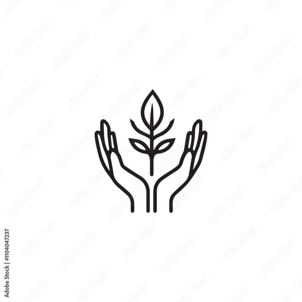 Hands holding soil with tree flat line icon. ecology concept logo. plant growing emblem . vector illustration Hands holding soil with tree flat line icon. ecology concept logo. plant growing emblem . vector illustration