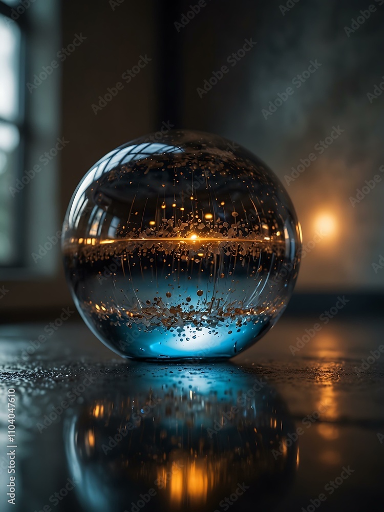 A surreal close-up of a glass sphere on a reflective metal floor in a dreamlike glass tunnel, with intricate light play. A surreal close-up of a glass sphere on a reflective metal floor in a dreamlike glass tunnel, with intricate light play.