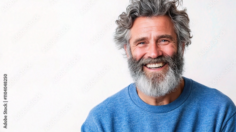Cheerful mature man with curly hair and beard smiling at camera Cheerful mature man with curly hair and beard smiling at camera