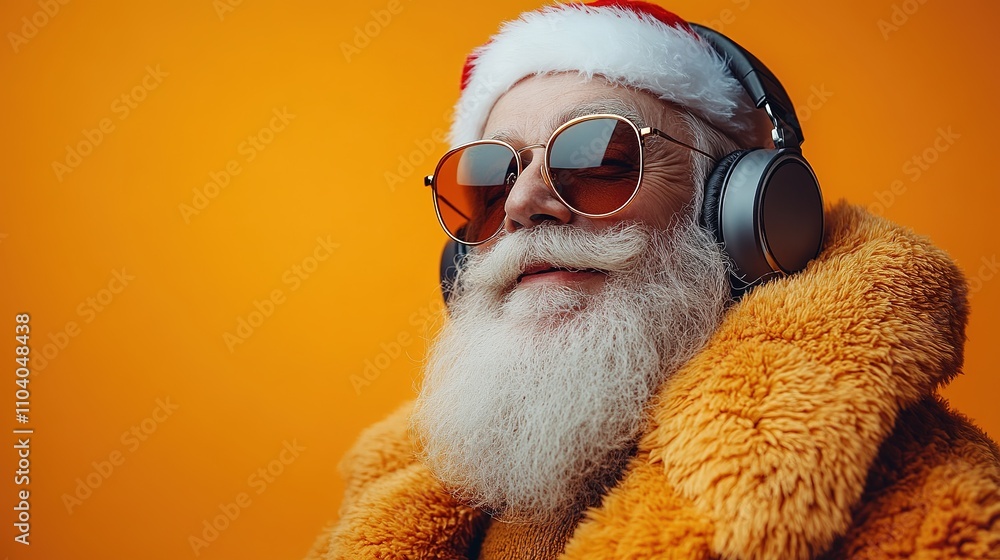 Cool and cheerful Santa Claus sings and dances on a bright background in sunglasses and headphones Cool and cheerful Santa Claus sings and dances on a bright background in sunglasses and headphones