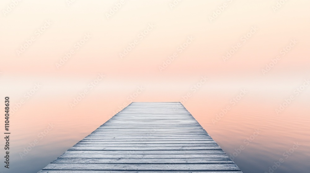 Obraz premium Serene sunrise over calm lake with wooden dock extending into misty horizon.
