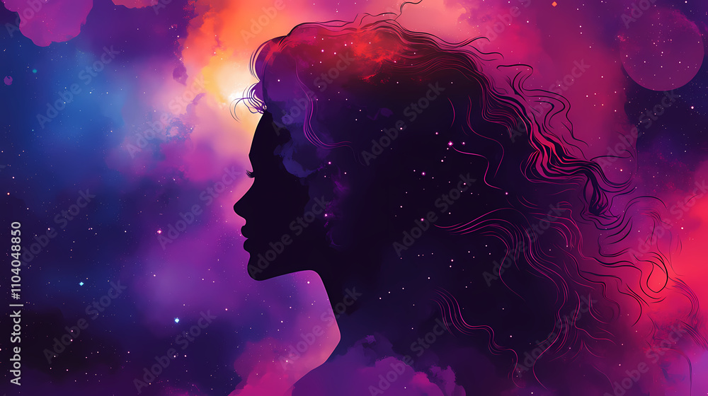 Ethereal silhouette of a cosmic goddess merging with the galaxy backdrop, radiating colorful spirituality, capturing the essence of the universe's mysteries and divine energy. Cosmic. Illustration Ethereal silhouette of a cosmic goddess merging with the galaxy backdrop, radiating colorful spirituality, capturing the essence of the universe's mysteries and divine energy. Cosmic. Illustration
