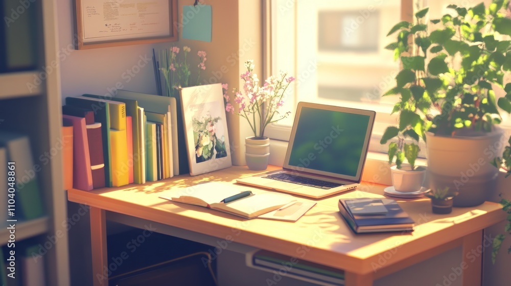 Fototapeta premium Sunlit workspace with laptop, books, plants, and stationery.