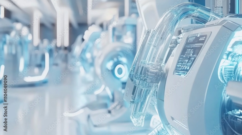 Futuristic medical equipment in a sterile, modern hospital setting. Futuristic medical equipment in a sterile, modern hospital setting.