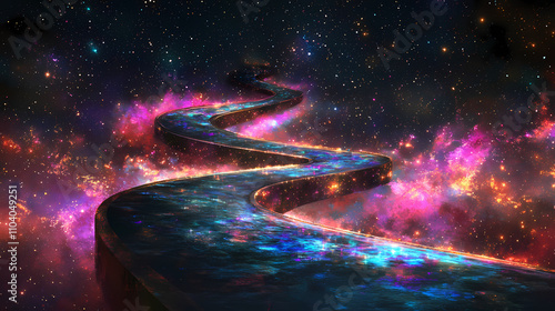 Floating in the darkness of space, a winding reflective mirror path is illuminated by sparkling neon lights, set against an abstract textured backdrop, space, cosmic. Cosmic. Illustration photo