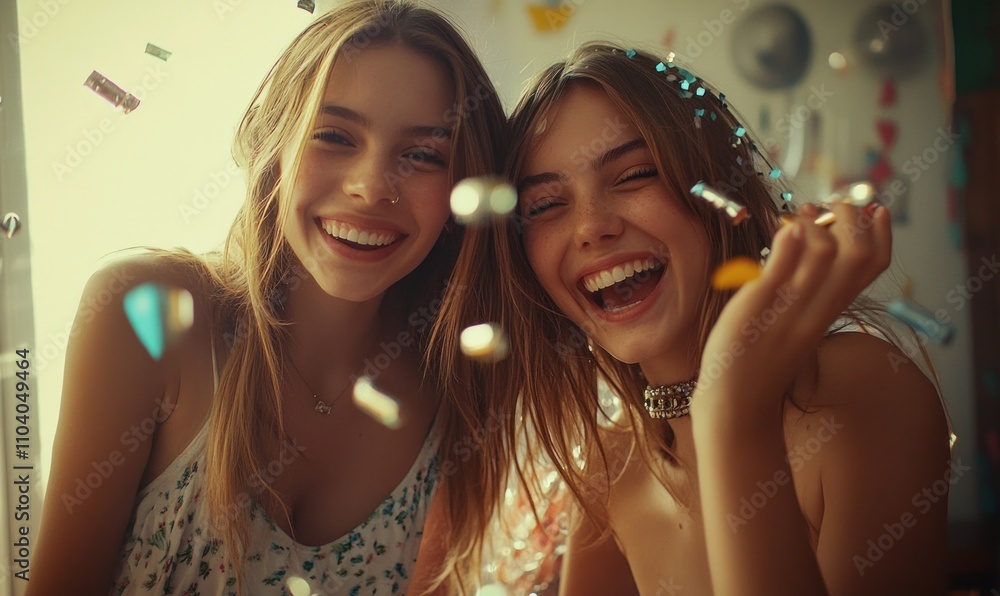 Joyful Women Celebrating with Confetti Indoors Joyful Women Celebrating with Confetti Indoors