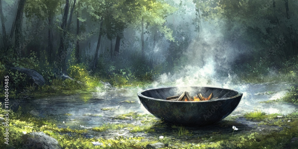 A serene forest scene featuring a bowl over a fire near a tranquil stream. A serene forest scene featuring a bowl over a fire near a tranquil stream.