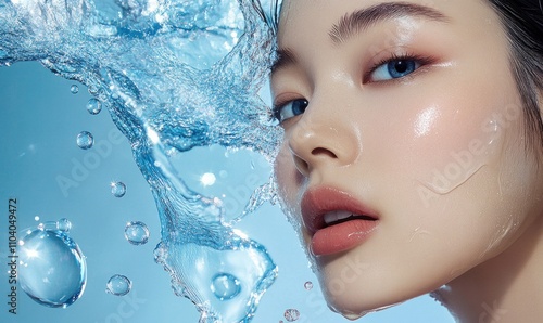 Fresh Face with Splashing Water Beauty Concept