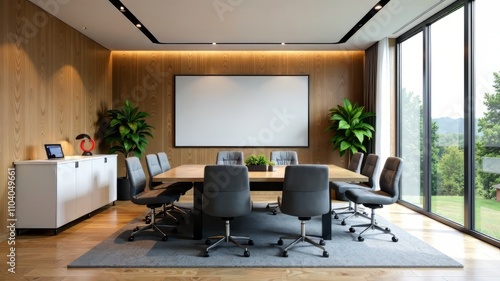 Modern Gray & Wood Panel Meeting Room, Minimalist Conference Space, Business Interior Design