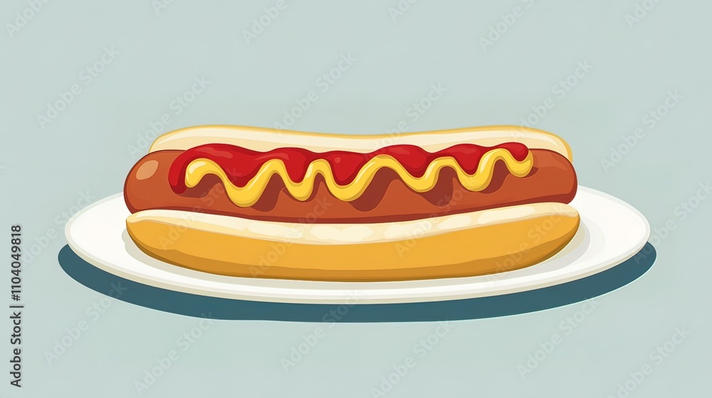 A classic hot dog with ketchup and mustard on a white plate. A classic hot dog with ketchup and mustard on a white plate.
