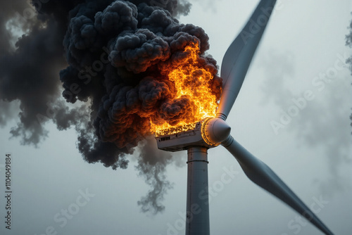 Burning wind turbine in flames and black puffs of smoke. Concept: wind power does not cover the need for electricity. AI generative. photo