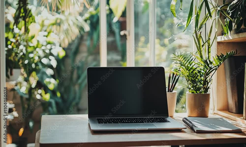 Laptop on a wooden desk by a sunlit window surrounded by plants. Laptop on a wooden desk by a sunlit window surrounded by plants.