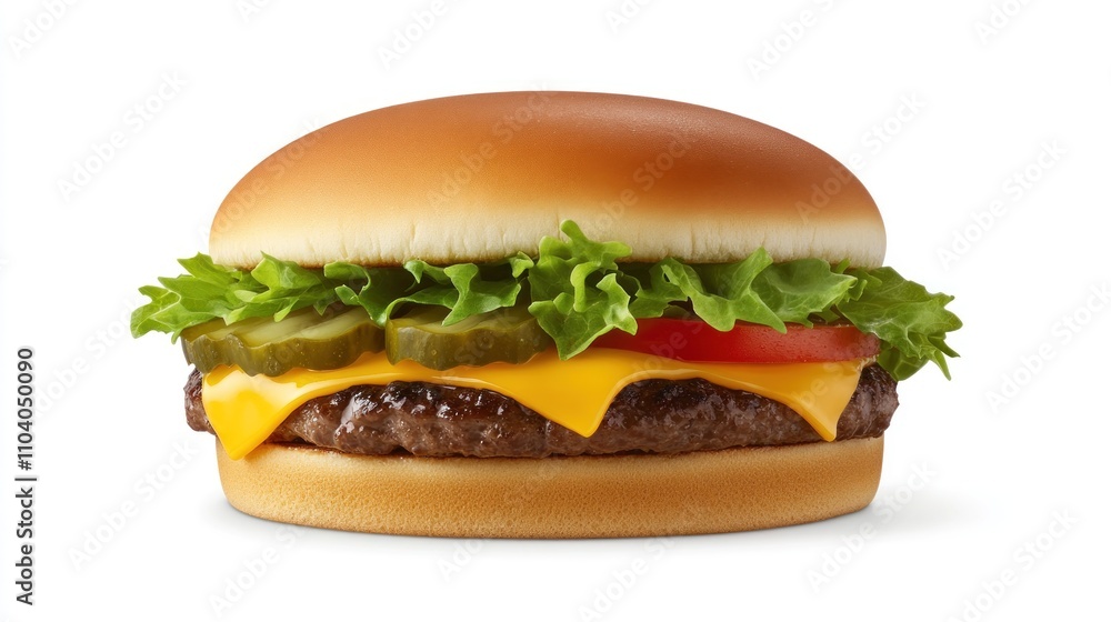 Juicy cheeseburger with melted cheese, lettuce, tomato, and pickles on a sesame seed bun. Juicy cheeseburger with melted cheese, lettuce, tomato, and pickles on a sesame seed bun.