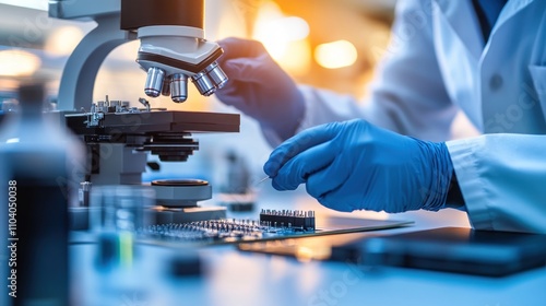 Scientist using a microscope to examine a circuit board in a lab.