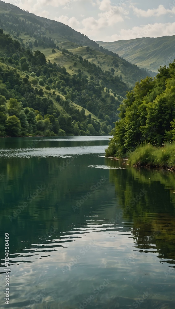 A tranquil lake surrounded by green hills. A tranquil lake surrounded by green hills.