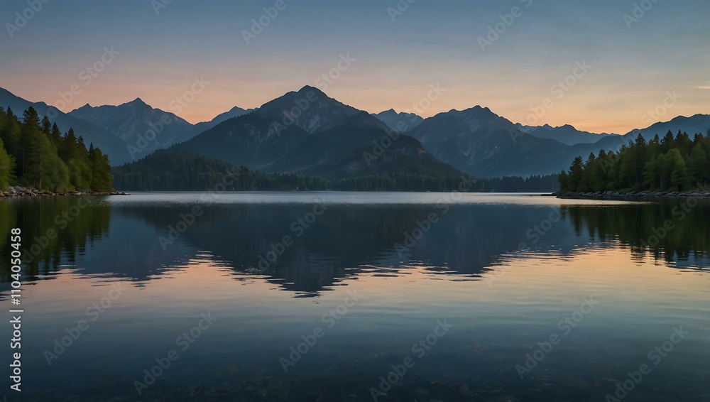 A tranquil landscape with a serene lake, mountains, and a blue sky at dusk. A tranquil landscape with a serene lake, mountains, and a blue sky at dusk.
