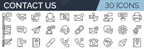 Set of 30 outline icons related to contact us. First set. Linear icon collection. Editable stroke. Vector illustration	