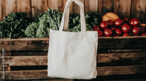 Eco-Friendly Tote Bag Filled with Fresh Green Vegetables in a Rustic Farm Stand Surrounded by Crisp Red Apples and Vibrant Produce Offerings