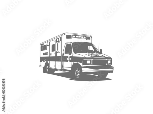 A black and white silhouette of a ambulance icon. Black ambulance icon on white background.