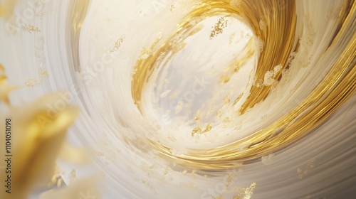 A swirling vortex of golden and amber particles, twisting and blending into soft trails of white and beige. The composition feels both energetic and dreamlike, like a mirage caught in motion. photo