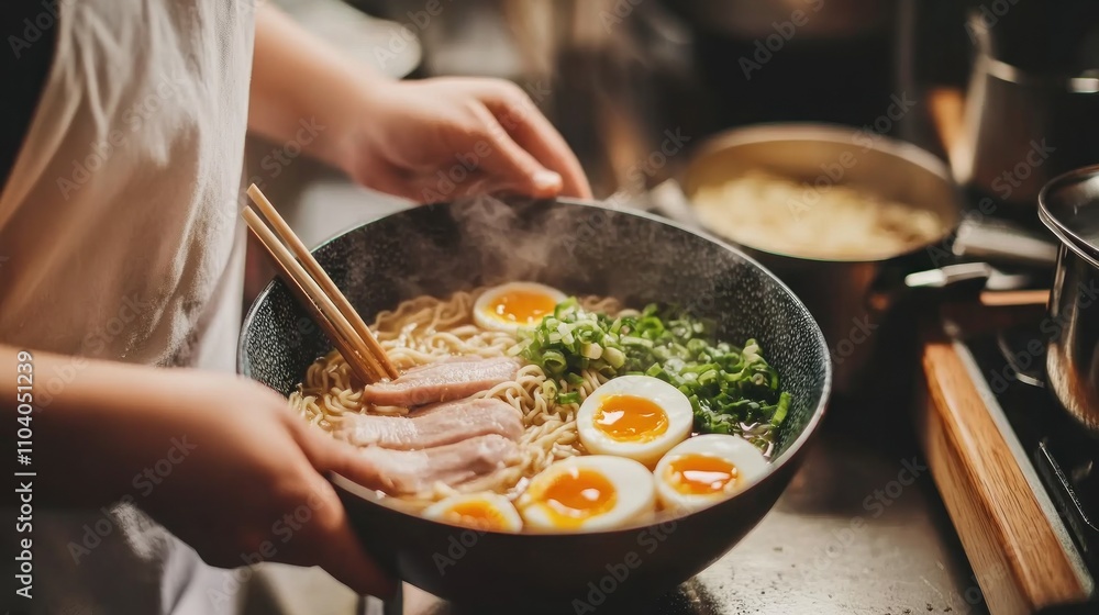 Close-up of hands holding a steaming bowl of ramen noodles with soft boiled eggs, pork slices, and scallions. Close-up of hands holding a steaming bowl of ramen noodles with soft boiled eggs, pork slices, and scallions.