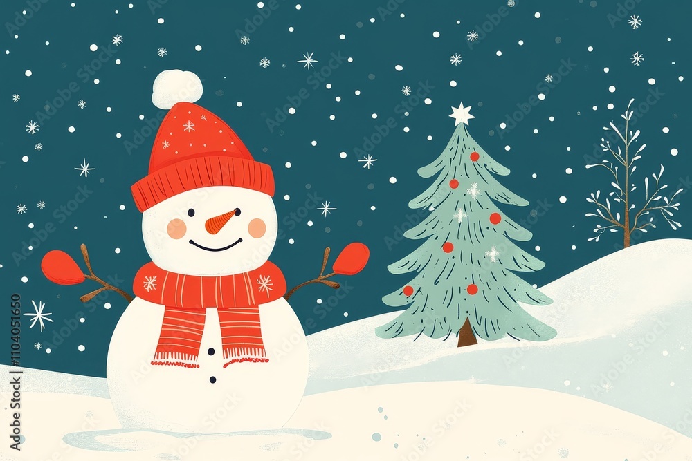 Snowman with red hat, scarf, and gloves standing on snowy ground, surrounded by snow-covered trees and falling snowflakes, set against a blue Christmas season backdrop. Snowman with red hat, scarf, and gloves standing on snowy ground, surrounded by snow-covered trees and falling snowflakes, set against a blue Christmas season backdrop.