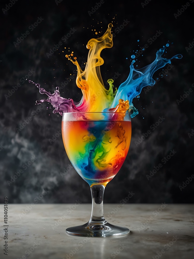 Obraz premium A vibrant cocktail with rainbow colors, vapor swirling around it.