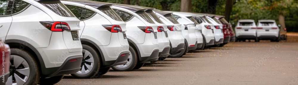 Row of Modern Electric Vehicles Parked in a Scenic Area Surrounded by Lush Greenery, Representing the Shift Towards Sustainable Transportation Solutions