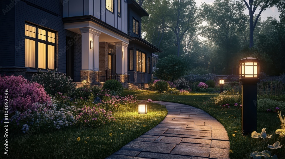 Fototapeta premium Evening view of a house with landscaped pathway and lighting.