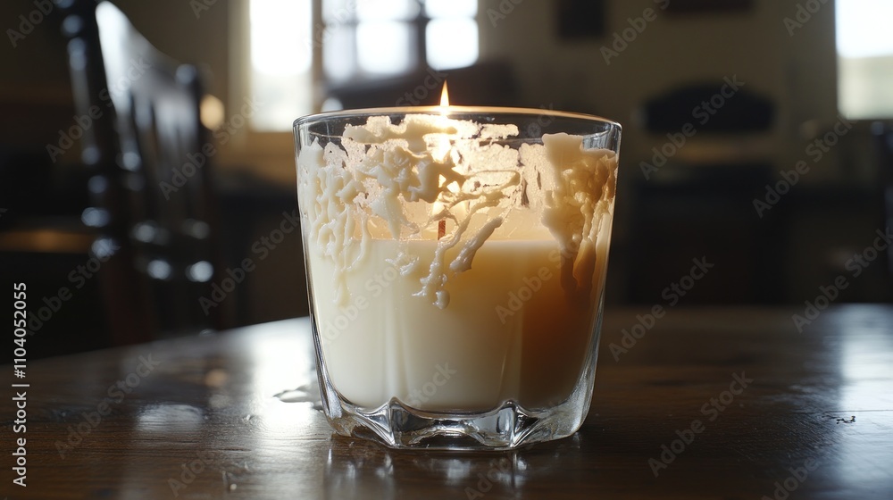 A lit candle in a glass jar on a wooden table, showing wax drippings forming patterns. A lit candle in a glass jar on a wooden table, showing wax drippings forming patterns.