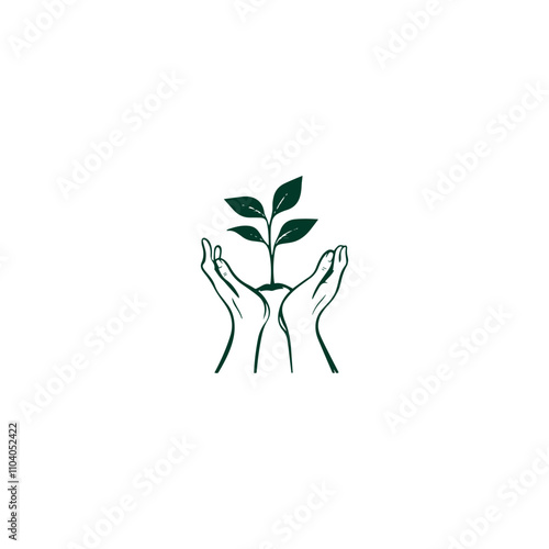 Hands holding soil with tree flat line icon. ecology concept logo.  plant growing emblem . vector illustration