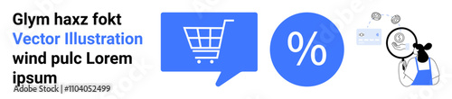 Shopping cart in speech bubble, percentage sign in blue circle, and cartoon character analyzing data and graphics. Ideal for online retail, sales, discounts, marketing, business analysis