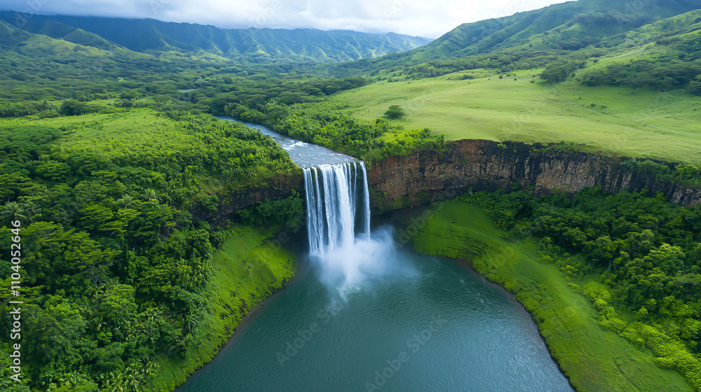 Fototapeta premium Landscape background Aerial view of stunning waterfall cascading into lush green valley, surrounded by mountains and dense vegetation, creating serene and picturesque landscape