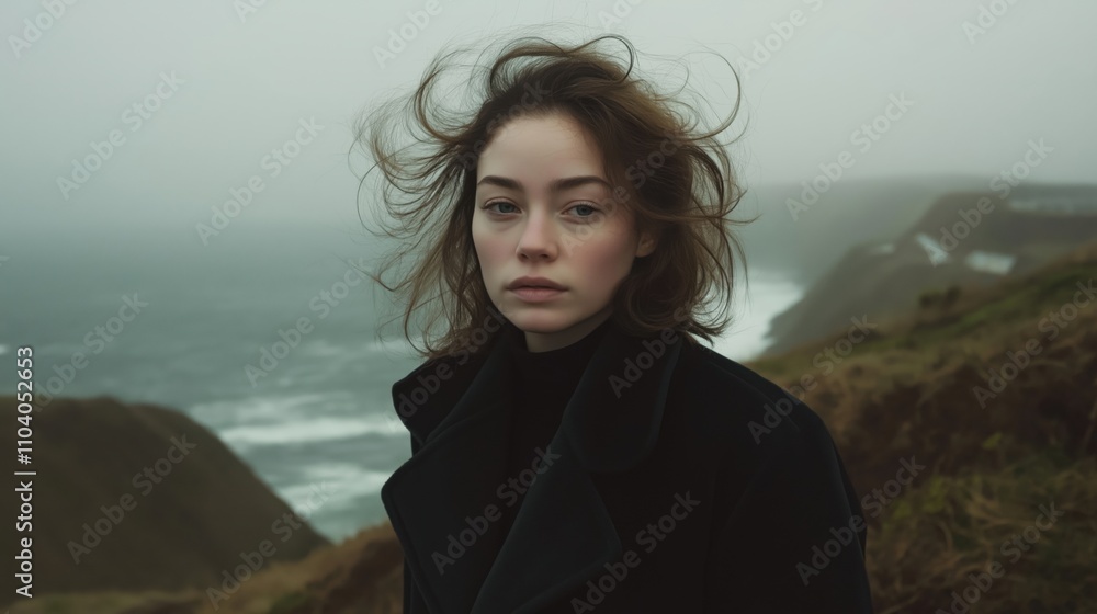 Solitary reflection by the sea: woman in a windswept coastal landscape Solitary reflection by the sea: woman in a windswept coastal landscape