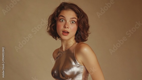 Surprised young woman with short curly hair wearing a silver top against a beige background.
