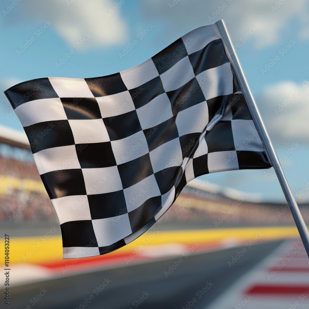 checkered flag waving proudly at the finish line, captured in mid-motion checkered flag waving proudly at the finish line, captured in mid-motion