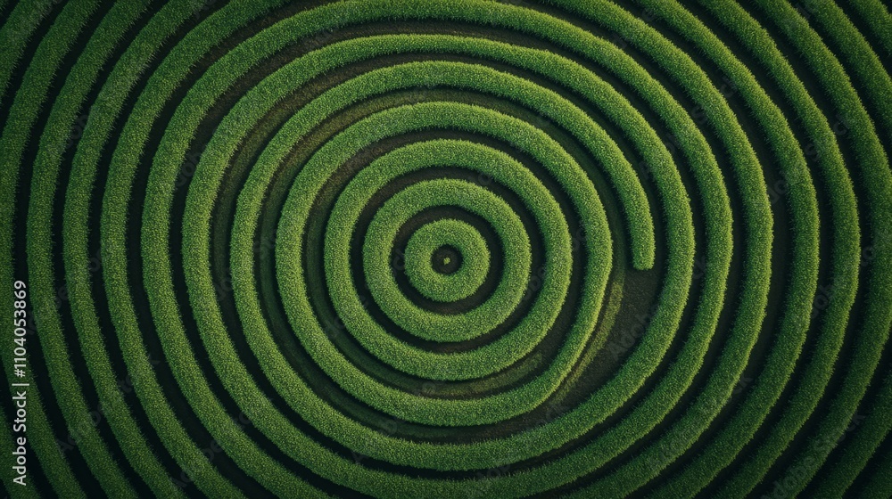 Aerial View of a Green Circular Maze: Nature's Intricate Design in Geometric Harmony for Environmental Inspiration Aerial View of a Green Circular Maze: Nature's Intricate Design in Geometric Harmony for Environmental Inspiration