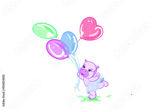 Wallpaper Mural The little hippopotamus girl is running after balloons that are flying into the sky, a cheerful mood, great emotions. Torontodigital.ca