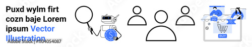 Magnifying glass examining dollar symbol, three people icons, e-commerce transaction, text elements. Ideal for business analysis, market research, customer identification, e-commerce strategies