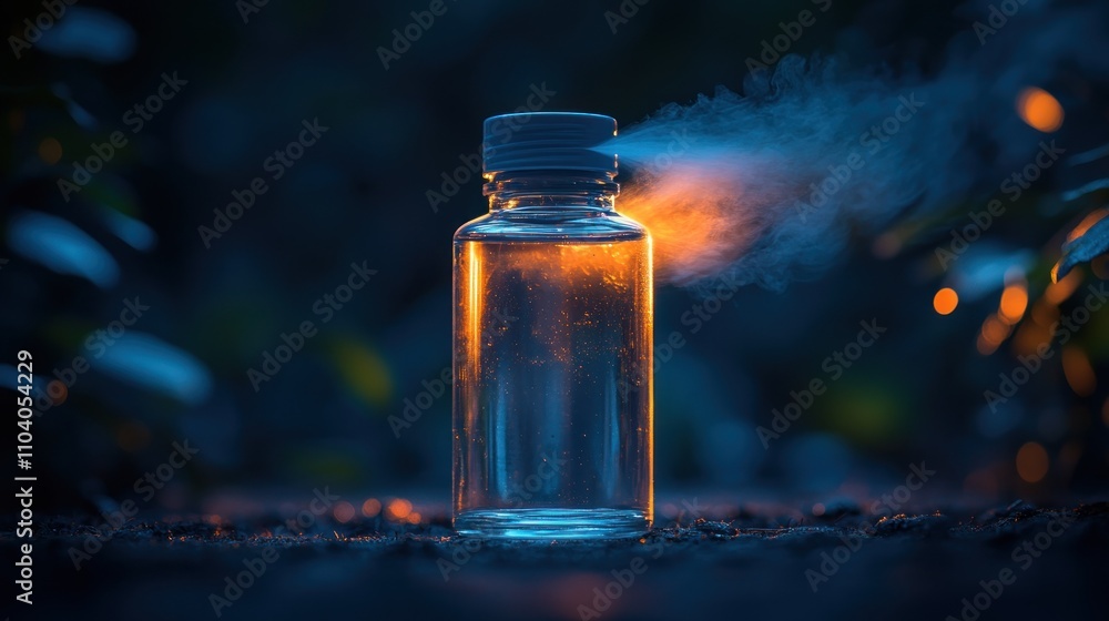 Glowing liquid in a transparent bottle emitting vapor in a dark setting. Glowing liquid in a transparent bottle emitting vapor in a dark setting.