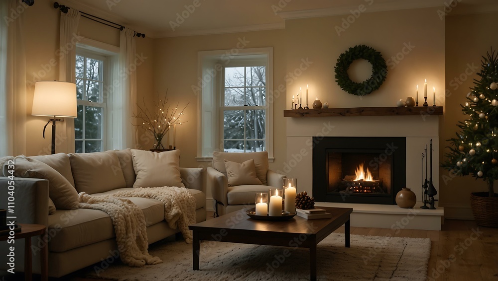 A warm, festive setting with a cozy, minimalist living room. A warm, festive setting with a cozy, minimalist living room.