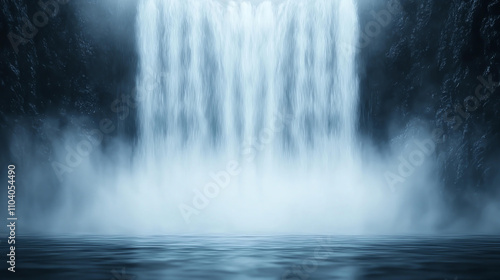Landscape background Dramatic waterfall cascading over dark volcanic rocks, creating mist and serene atmosphere. powerful flow contrasts with calm water below, evoking tranquility