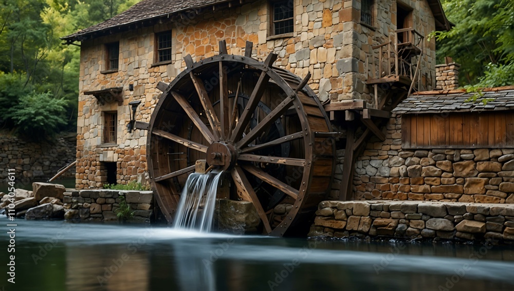 A waterwheel turning with rich waters. A waterwheel turning with rich waters.