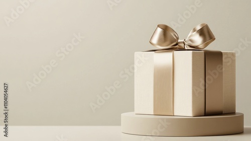 Elegant gold gift box with ribbon on beige platform.